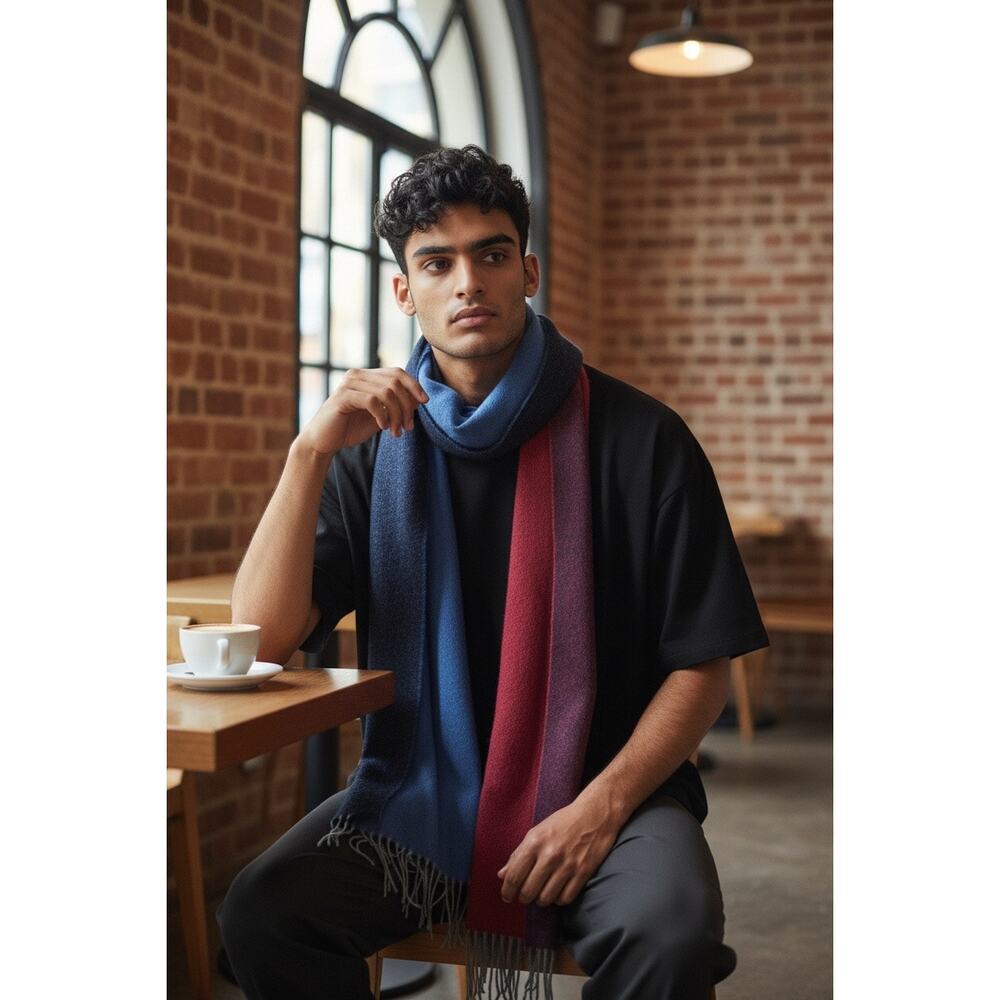 Cashmere‎ Wool Scarf Two Tone Red and Blue Retails $189 New Timeless